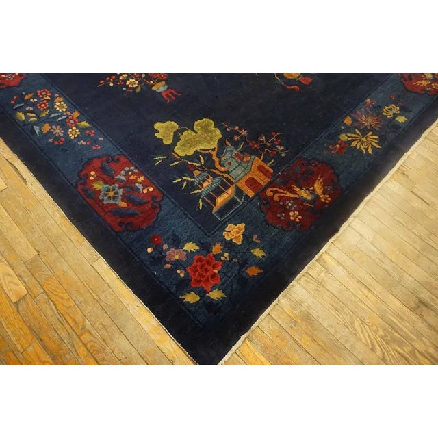 1920s Navy Blue Vase Floral Antique Chinese Art Deco Carpet 9' X 11'6" Handknotted Wool Rug For Sale - Image 4 of 11