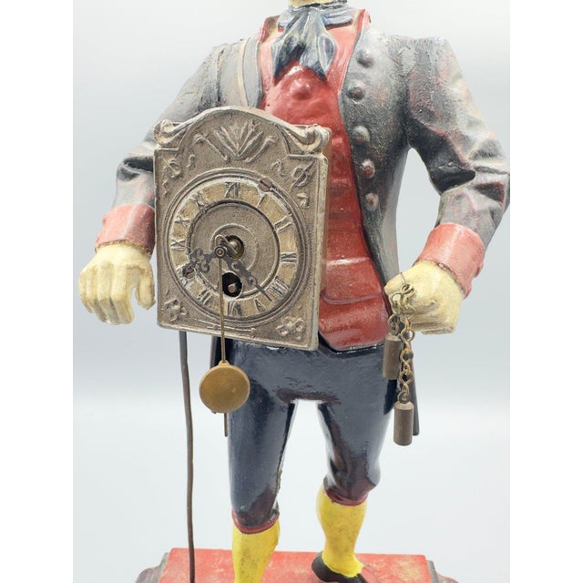 Metal Antique Style Painted Cast Iron Dutch Peddler Clock Figure Folk Art Uhrenträger Mantelpiece Decor For Sale - Image 7 of 8