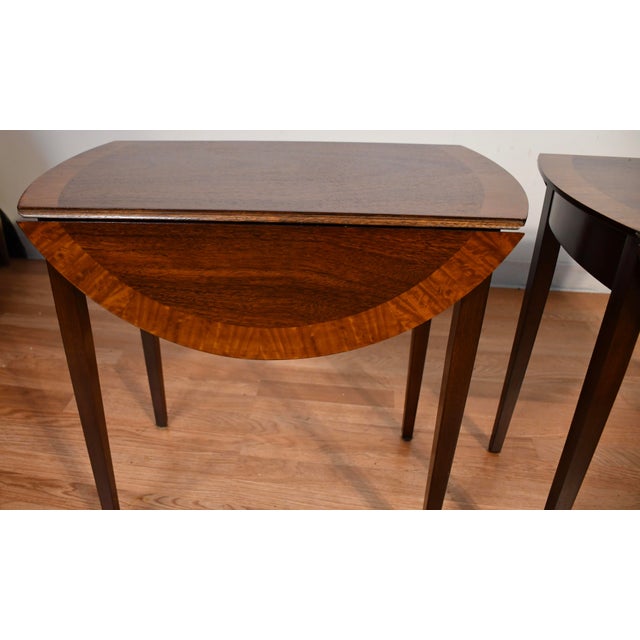 1930s Pair of English Regency Mahogany Banded Satinwood Pembroke Side Tables / End Tables For Sale - Image 6 of 16