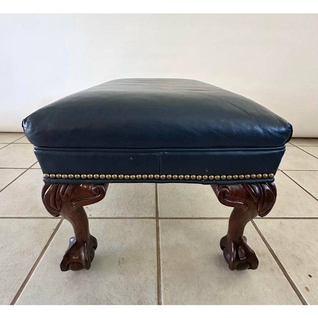 Vintage Slate Blue Leather Ottoman, Chippendale Footstool, Brass Nailhead Trim, Claw Ball Feet For Sale - Image 4 of 5