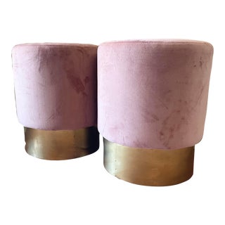 1980s Vintage Blush Ultra Suede & Brass Ottomans - a Pair For Sale