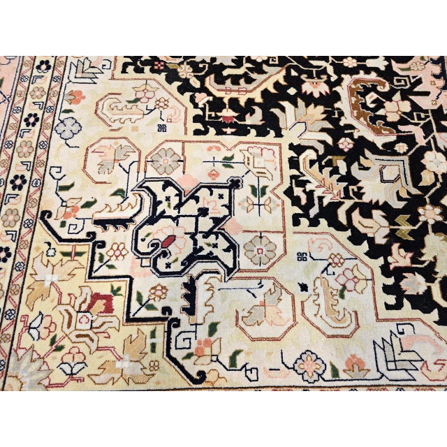 Fine Persian Tabriz Rug, Hand-Knotted Wool & Silk, Geometric Heriz Pattern, Black & Ivory, 7x10 For Sale - Image 17 of 17