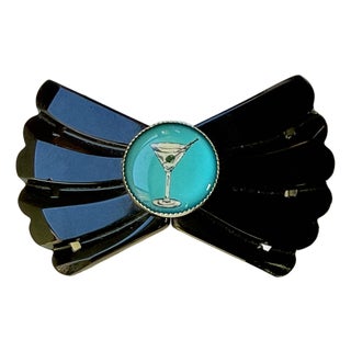 Rare Vintage 1930s Carved Black Bakelite Convertible Belt Buckle & Brooch - Martini Glass Cabochon For Sale