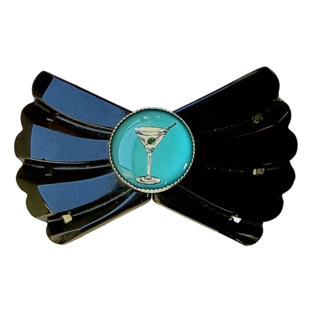 Rare Vintage 1930s Carved Black Bakelite Convertible Belt Buckle & Brooch - Martini Glass Cabochon For Sale
