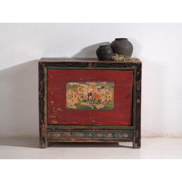 Antique Chinese Qing Dynasty Gansu Cabinet in Painted Pine For Sale - Image 11 of 12