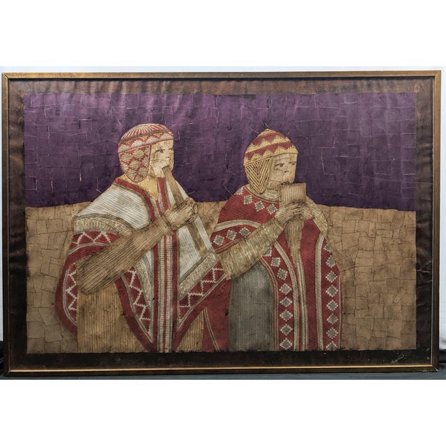 Oversized Vintage Andean Musicians Banana Leaf Mosaic Folk Art – Purple, Red & Cream For Sale - Image 14 of 17