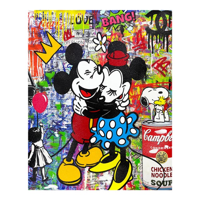 Jozza, Big Hug!, Huge Original Painting With Diamond Dust, 60x48 Inches, Mickey Minnie For Sale