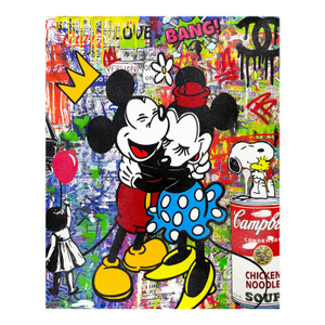 Jozza, Big Hug!, Huge Original Painting With Diamond Dust, 60x48 Inches, Mickey Minnie
