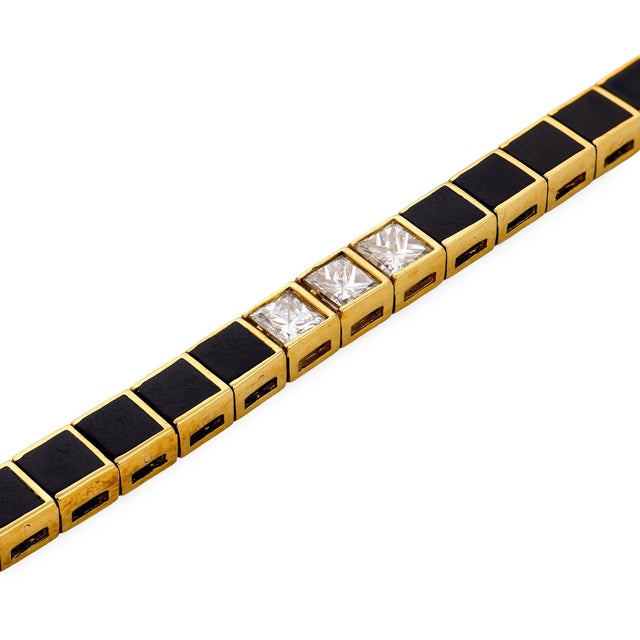 Vintage Diamond Onyx 18k Yellow Gold Tennis Bracelet For Sale - Image 4 of 6