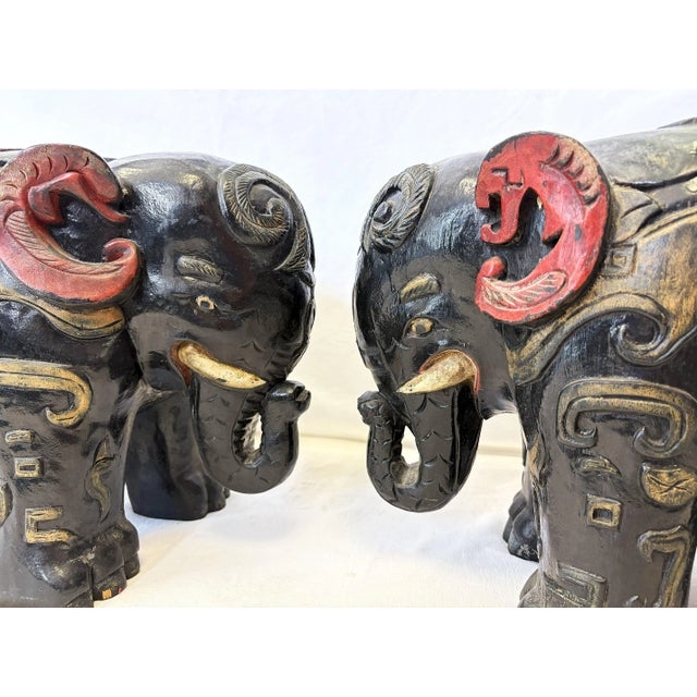 Vintage Solid Wood Painted African Elephant Stools- A Pair For Sale - Image 14 of 15