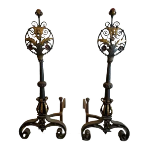 Late 18th Century Large Fireplace Andirons, Gold Leaf Details, Hand Hammered Details