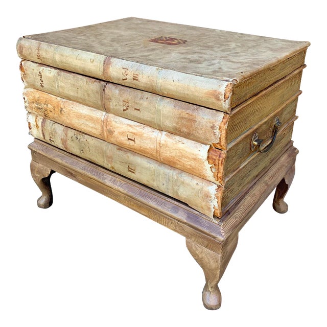 Vintage Trompe L’Oeil Faux Book Stack Storage Side Table For Sale