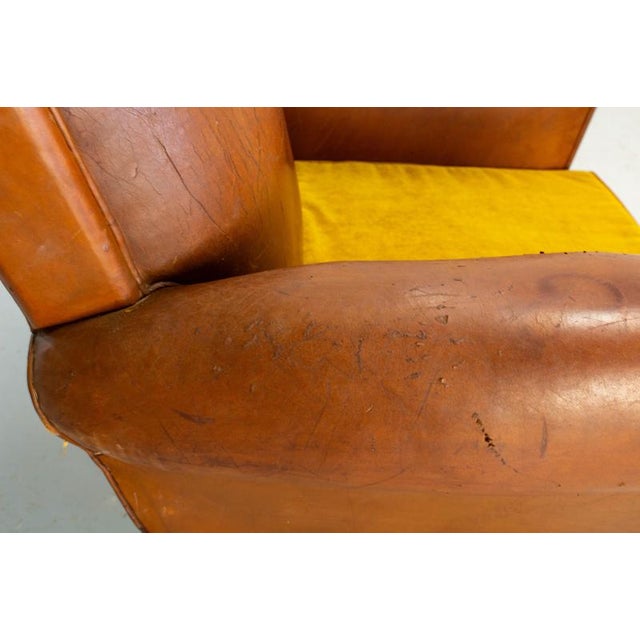 Antique French Club Armchair Fauteuil Cognac Leather and Fabric, 1930, Set of 2 For Sale - Image 10 of 16