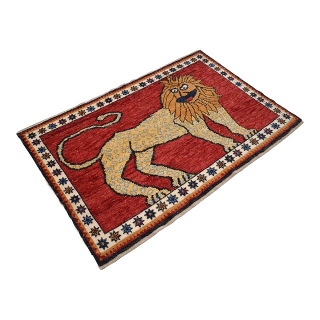 Quirky Lion Oushak Rug 3x5, Whimsical Folk Art Wool Rug, Terracotta Red Turkish Area Rug, Small Hand Knotted Leopard Rug for Entryway 3'5" X 5'1" For Sale