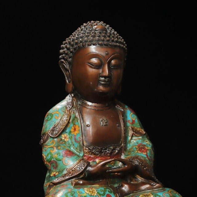 Turquoise Late 19th Century Cloisonné Enamel Shakyamuni Buddha Statue, 5.01kg For Sale - Image 8 of 9