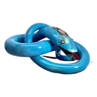 Antique Circa 1890 Enamel Diamond Snake Brooch, 38.4g Gold, Blue For Sale