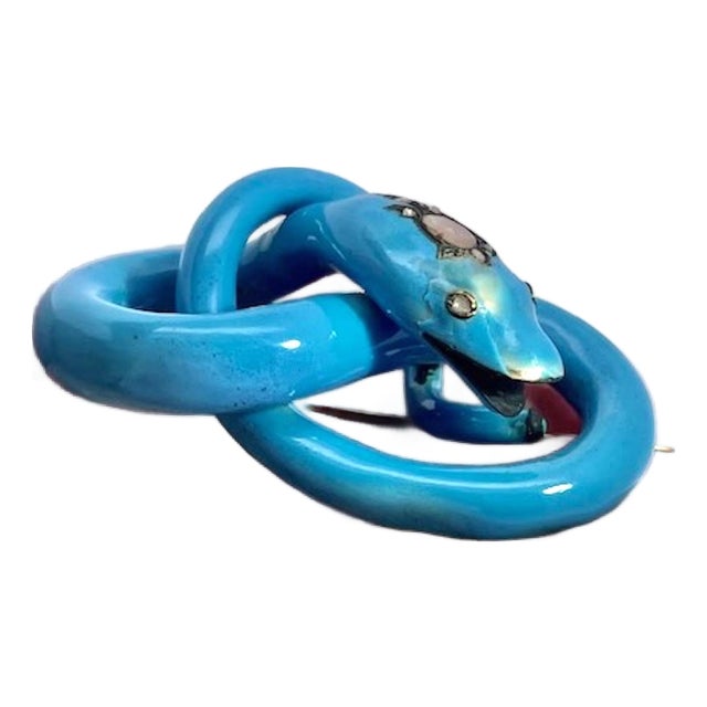 Antique Circa 1890 Enamel Diamond Snake Brooch, 38.4g Gold, Blue For Sale