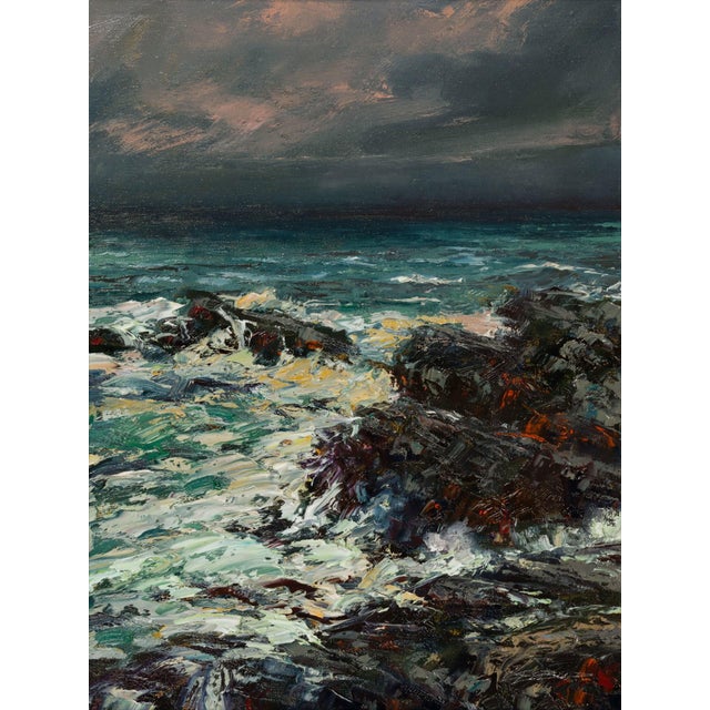 Coast Storm by Sparky LeBold | Oil on canvas depicting turbulent waves crashing on rocky shore. For Sale