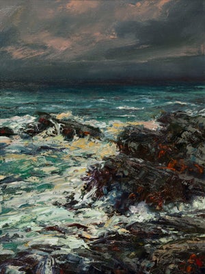 Coast Storm by Sparky LeBold | Oil on canvas depicting turbulent waves crashing on rocky shore.