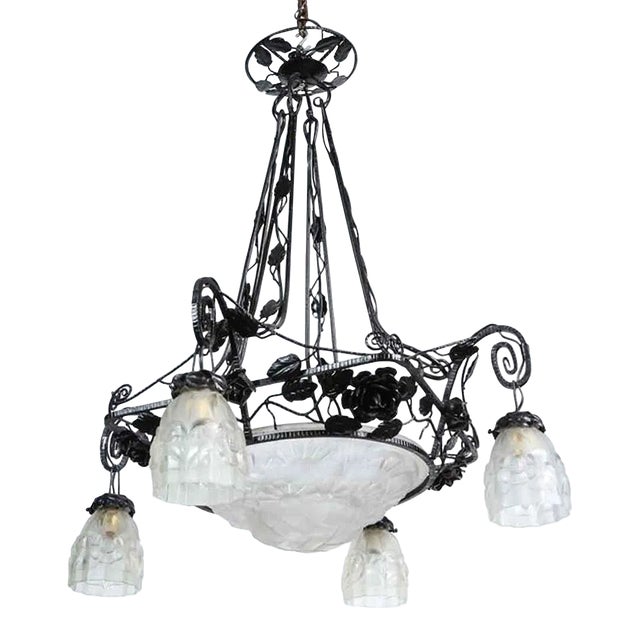 1930s Art Deco Wrought Iron & Glass 4 Light Chandelier For Sale