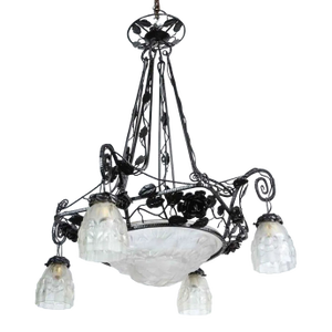 1930s Art Deco Wrought Iron & Glass 4 Light Chandelier