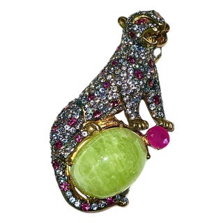 Bochic "Orient" Natural Ruby, Sapphire & Green Jade Brooch or Pendent Set In 18K For Sale