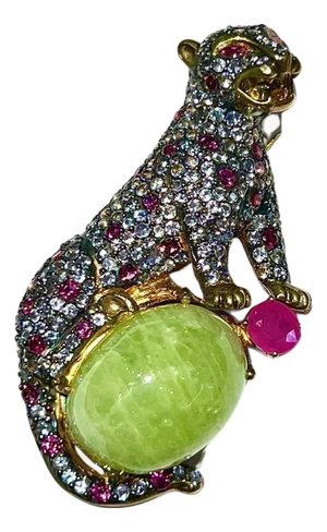 Bochic "Orient" Natural Ruby, Sapphire & Green Jade Brooch or Pendent Set In 18K