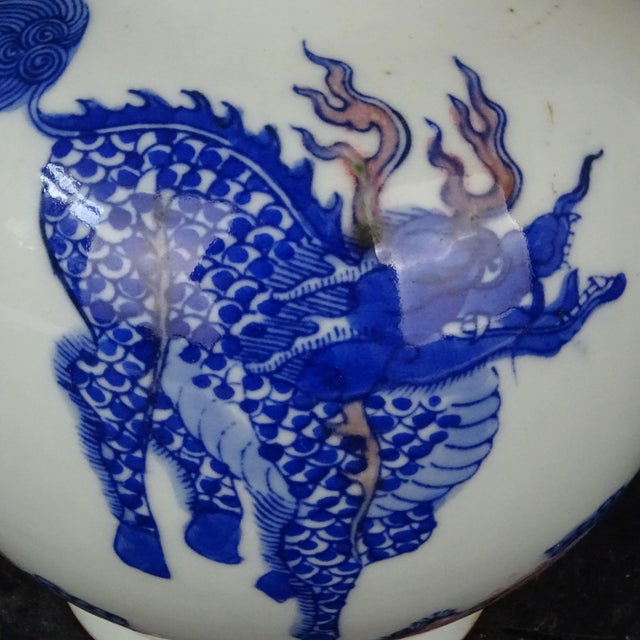 Art Deco Chinese Vintage Ceramic Vase,Blue and White Underglaze Red Porcelain Gall-Shaped Vase Hand Painted Kylin Pattern For Sale - Image 3 of 7
