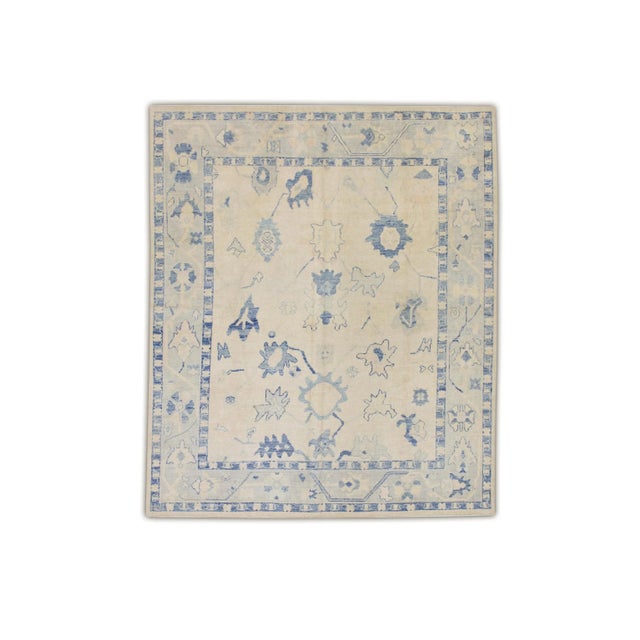 Textile Early 21st Century Cream Handwoven Wool Turkish Oushak Rug in Blue Floral Design 8' X 9'5" For Sale - Image 7 of 7
