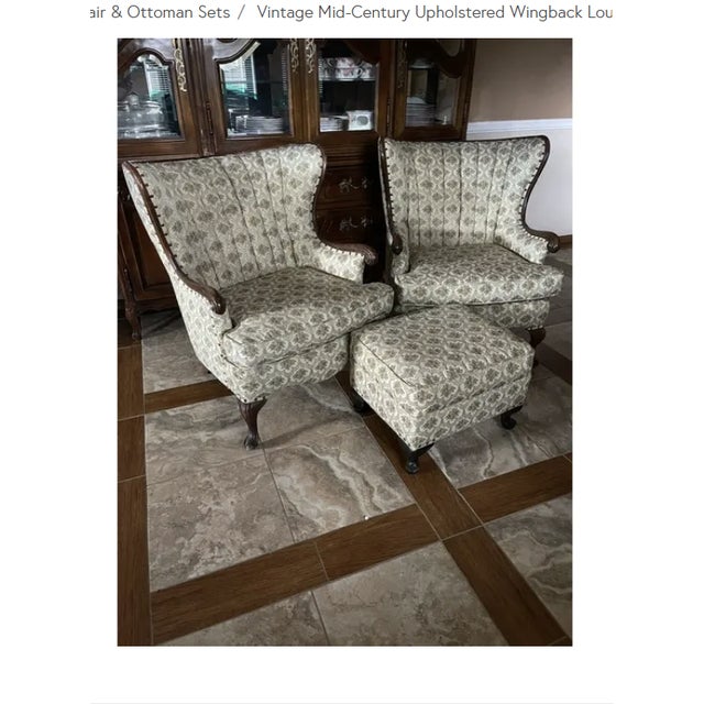 1960s Vintage Mid-Century Upholstered Wingback Lounge Chairs With Matching Ottoman, Carved Wood Frame, Custom Upholstery. For Sale - Image 5 of 5