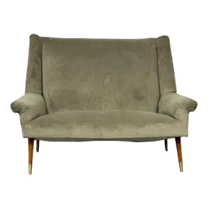 Italian Mid-Century Modern Gio Ponti Style Sofa / Settee, Velvet, Walnut, 1950s