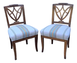 Late 20th Century Pair of Neoclassical Style Carved Fruitwood and Upholstered Side Chairs