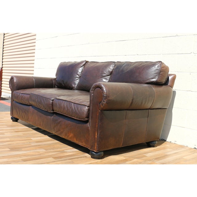 Restoration Hardware Brown Leather Three-Seat Sofa | Vintage Modern Down-Filled Cushions For Sale - Image 12 of 18