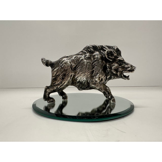 1970s Solid Sterling Silver Wild Boar / Hog Desk Sculpture (925) – 190g – 6" – Mirror Display Base For Sale - Image 11 of 17