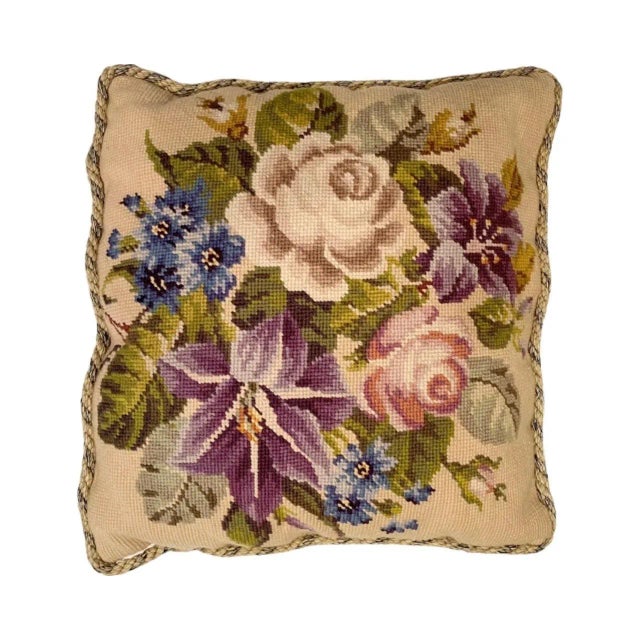 Vintage Floral Flower Needlepoint Decorative Accent Pillow with Velvet Back For Sale - Image 4 of 12