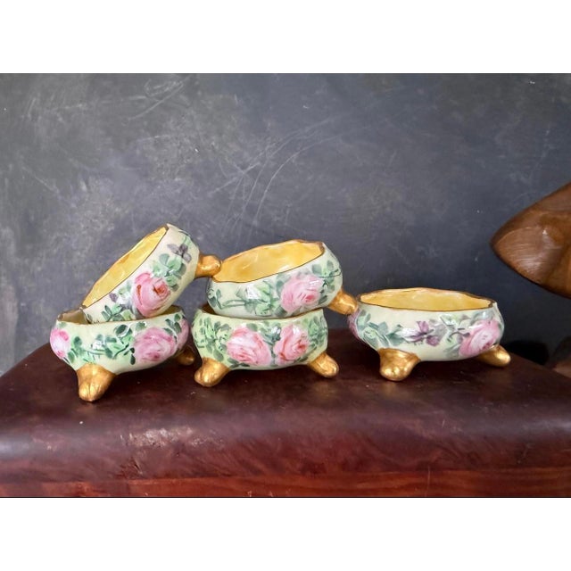 Set of Five (5) Antique Hand Painted Porcelain Footed Salt Cellars C1890 to 1910 Austrian Bavarian With Pink Roses and Gold Feet For Sale - Image 9 of 9