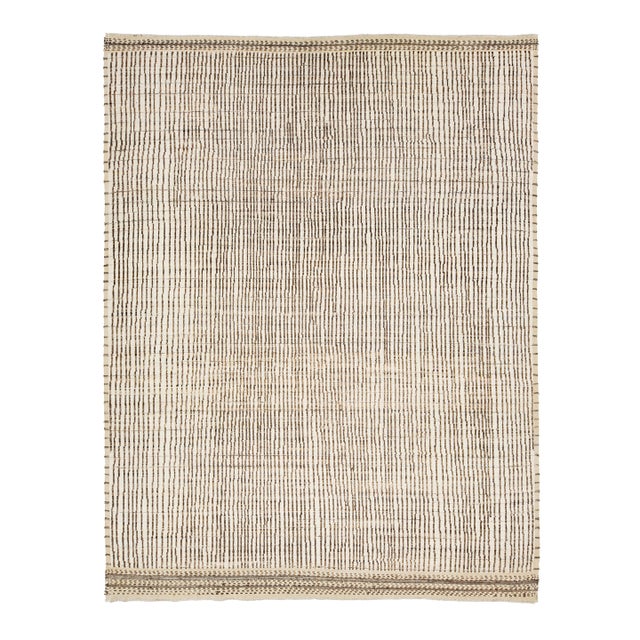 Ivory Modern Moroccan Style Wool Rug With Handmade Linear Pattern For Sale