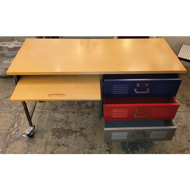 1990s Vintage Pottery Barn Three Drawer Metal Frame Wood Top Desk With Casters and Chair Chairish