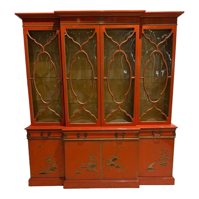 1960s Karges Red Chinoiserie Illuminated Breakfront For Sale
