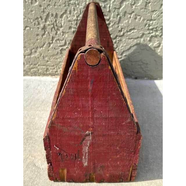 Antique Early 20th Century Red Rustic Farmhouse Wooden Tool Caddy For Sale - Image 9 of 11