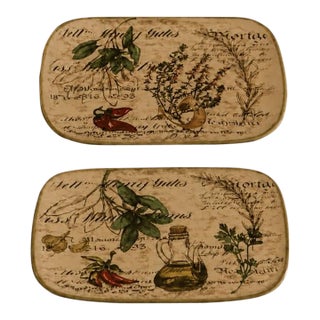 1990s Hand Painted Ceramisia Italy Botanical Herb Plates Set, Tuscan Kitchen Decor - Set of 2 For Sale