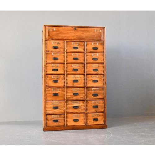 Bank Of Pine Workshop Drawers Circa 1940s - Tin cup handles original black paint - Nickel card label holders - 21 drawers...