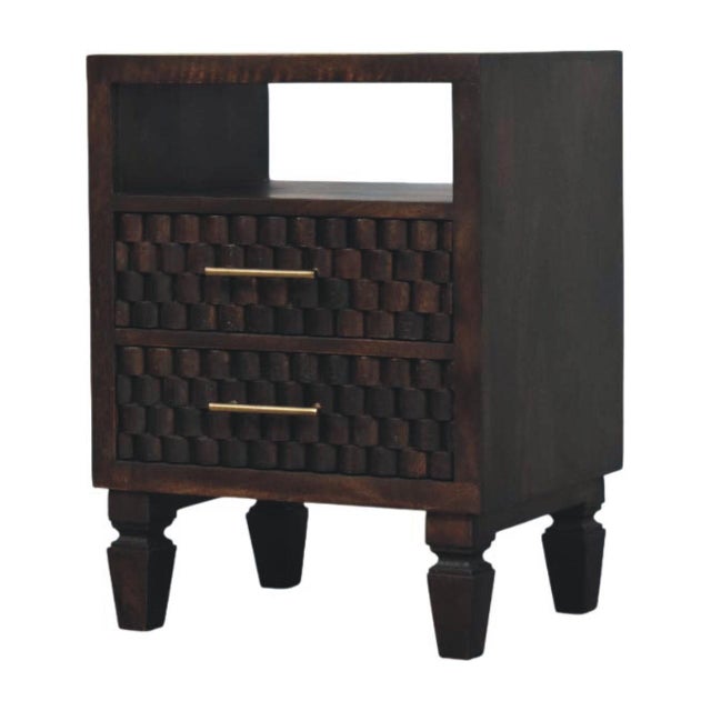 This bedside table brings depth and texture through its carved block-style drawer fronts and warm California Walnut...