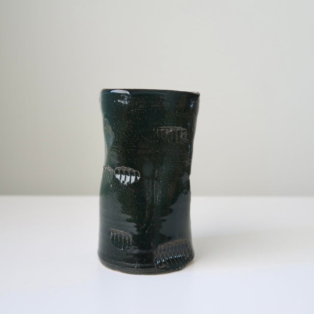 Early 21st Century Handbuilt Organic Sculptural Pinched Square Rim Ceramic Vase in Dark Teal Glaze With Ribbed Relief Pattern For Sale - Image 5 of 18