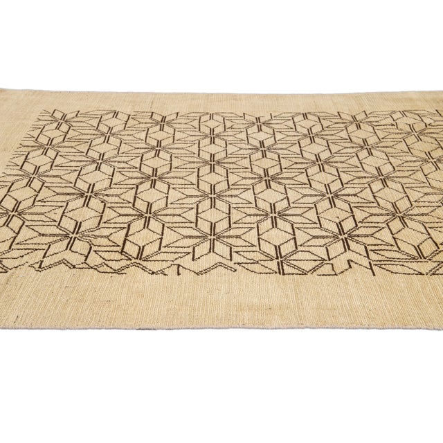 Modern Beige Deco Style Handmade Geometric Floral Wool Rug For Sale In New York - Image 6 of 9