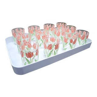 Vintage Stotter Beverage Set of 12 Highballs with Large White Serving Tray Tulips Pink Green - 13 Pieces Total For Sale