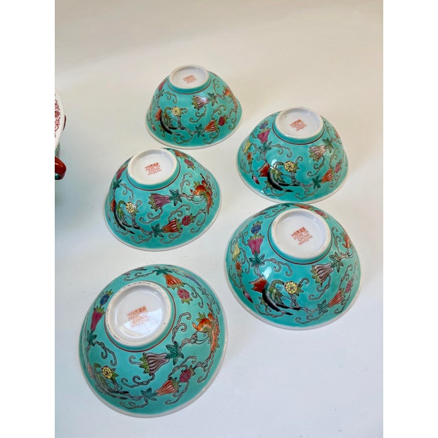 Turquoise Famille Rose Soup Tureen & Bowls Serving Set - Set of 21 For Sale - Image 10 of 12