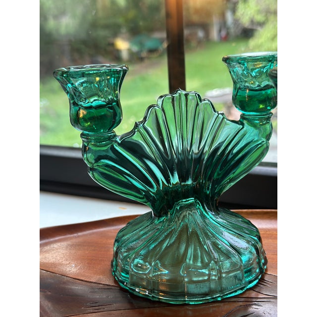 1930s 1930s Rare Art Deco Jeannette Glass Ultramarine Double Candlestick Holders - Pair For Sale - Image 5 of 5