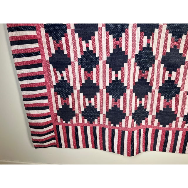 Matching Pair of Antique American Patriotic Hand Quilted Log Cabin Quilts C. Early 20th Century For Sale In Boston - Image 6 of 13