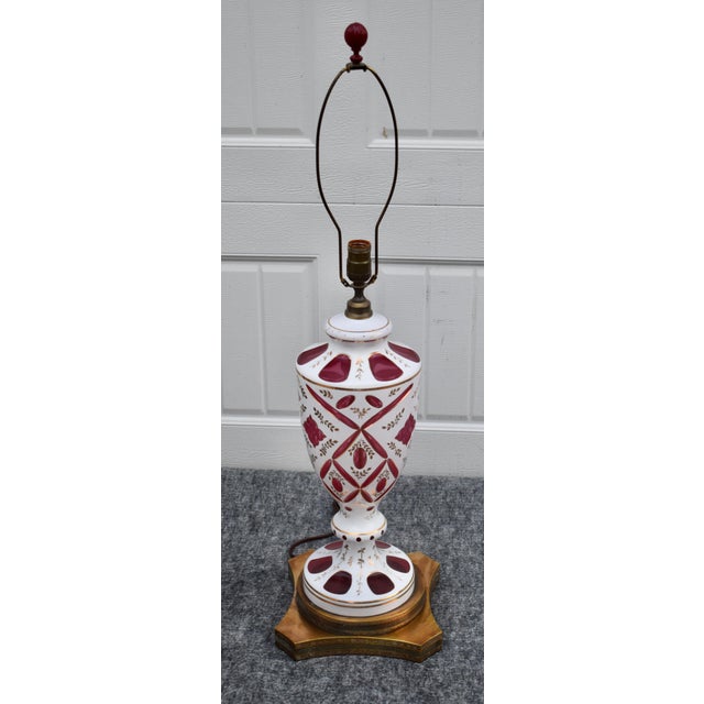 Cranberry Glass and Brass Lamp Vintage Table Bohemian Czech Hand Painted For Sale - Image 12 of 18